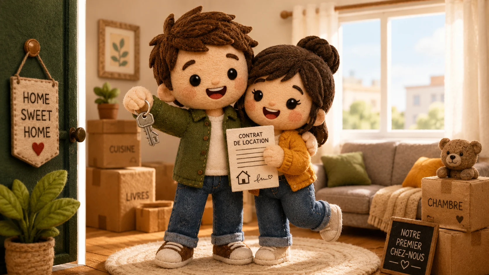 Pareja joven de marionetas con las llaves y el contrato de su vivienda de alquiler