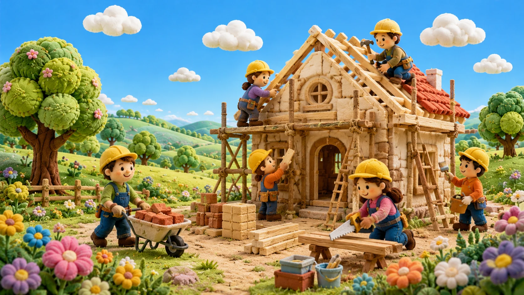 Casa en construcción con un equipo de trabajadores