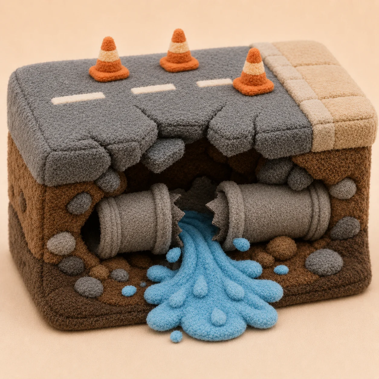 Maqueta textil de una avería en la vía pública